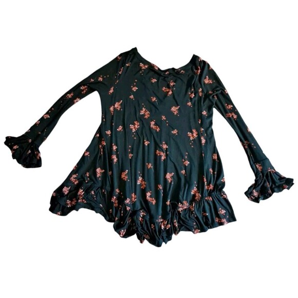 Free People Green Floral Flowy Long Sleeve Boho Plunge Neck Mini Dress Medium - Picture 2 of 12